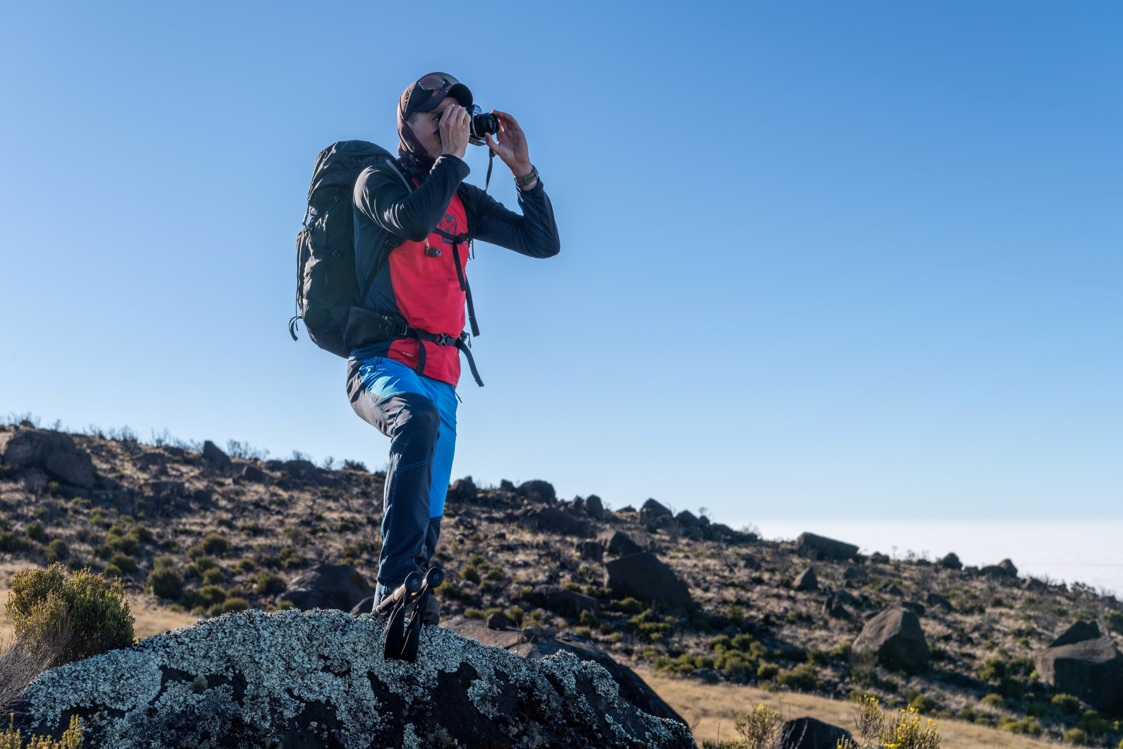 Debout sur le lichen, l'appareil levé